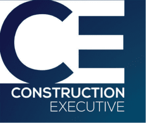 Construction Executive logo in blue and white.