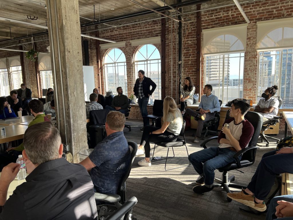 Company team meeting in a bright, modern office space