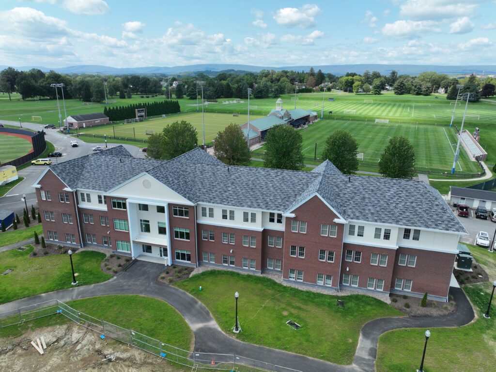 Bucknell University's modular building, completed by Wohlsen Construction, with athletic fields in the background.