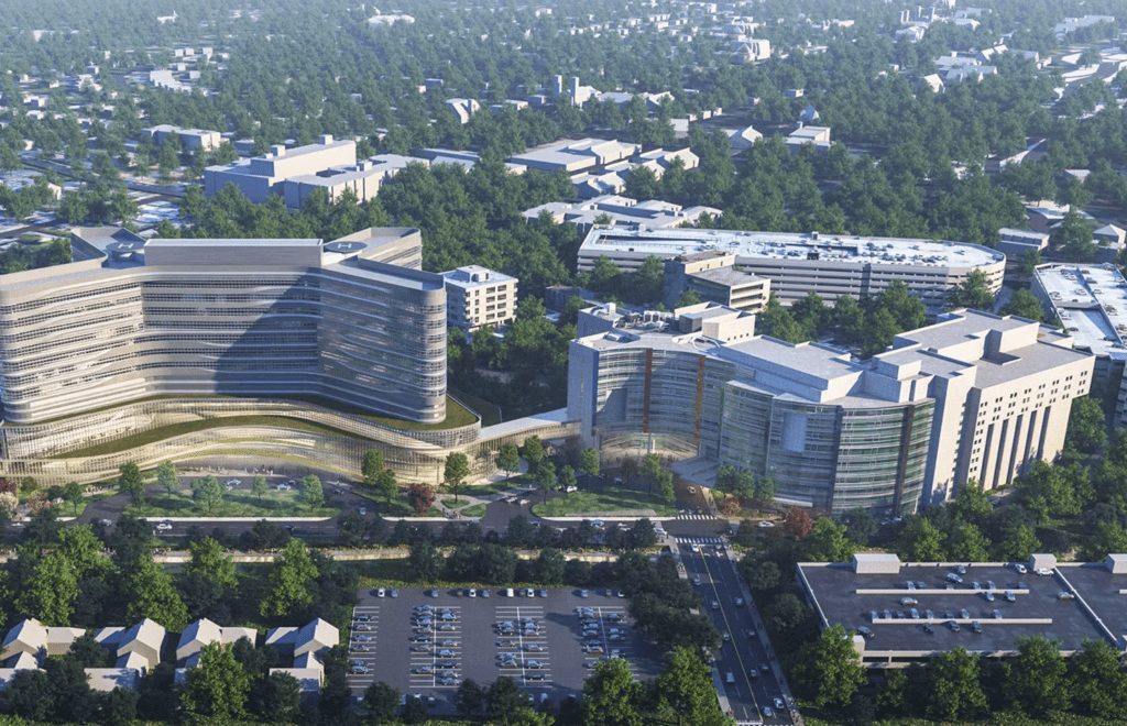 Aerial view of Atrium Health's Target Value Design project, showcasing modern hospital buildings and green spaces.