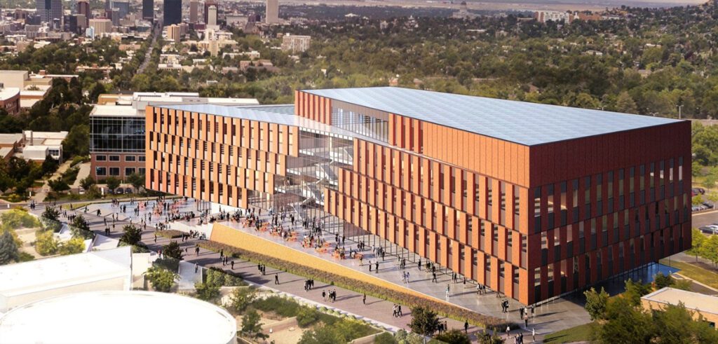 University of Utah's new building with a modern design and pedestrian plaza.