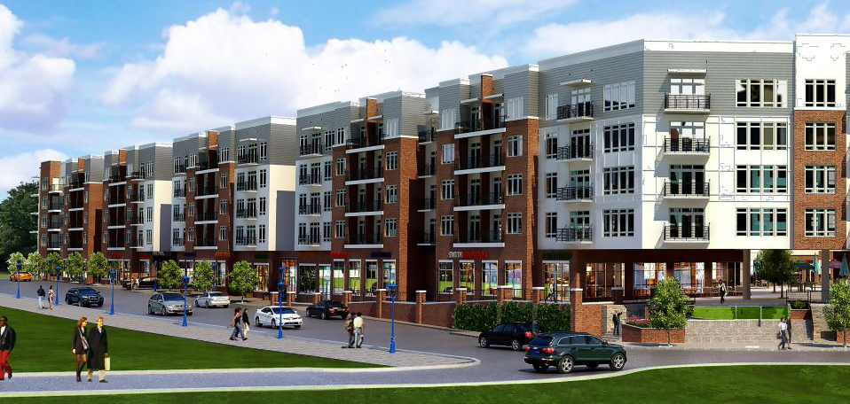 Bancroft Construction multifamily mixed-use project rendering: modern apartments above retail spaces.
