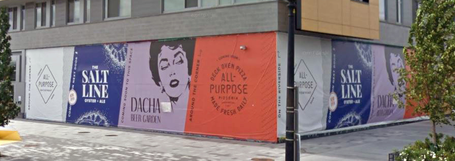 Bancroft Construction multifamily mixed-use project signage: The Salt Line, Dacha Beer Garden, and All-Purpose Pizzeria.