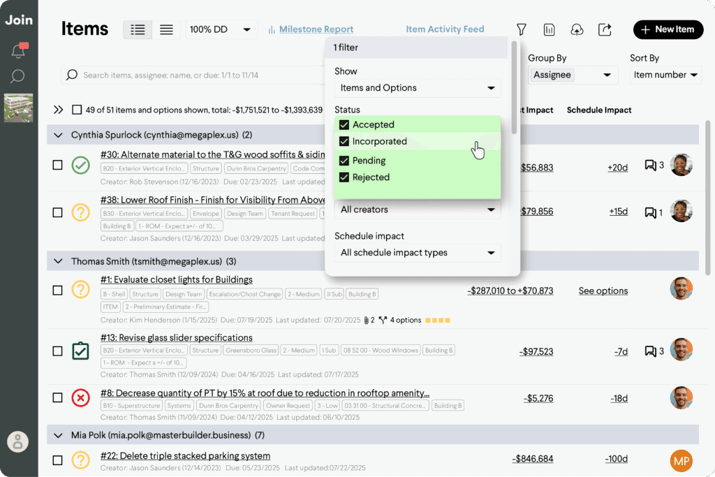 Project management software interface showing item status filter options: Accepted, Incorporated, Pending, Rejected.