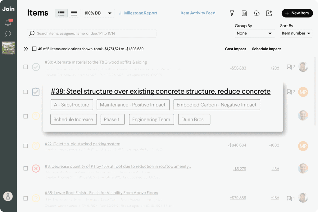 Design management item list showing steel structure over concrete, reduce concrete, with various options.