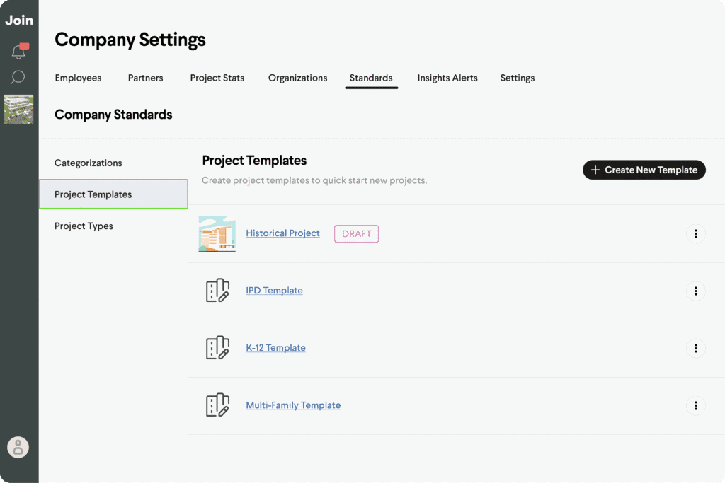 Company settings interface showing project templates, including Historical Project, IPD Template, K-12 Template, and Multi-Family Template.