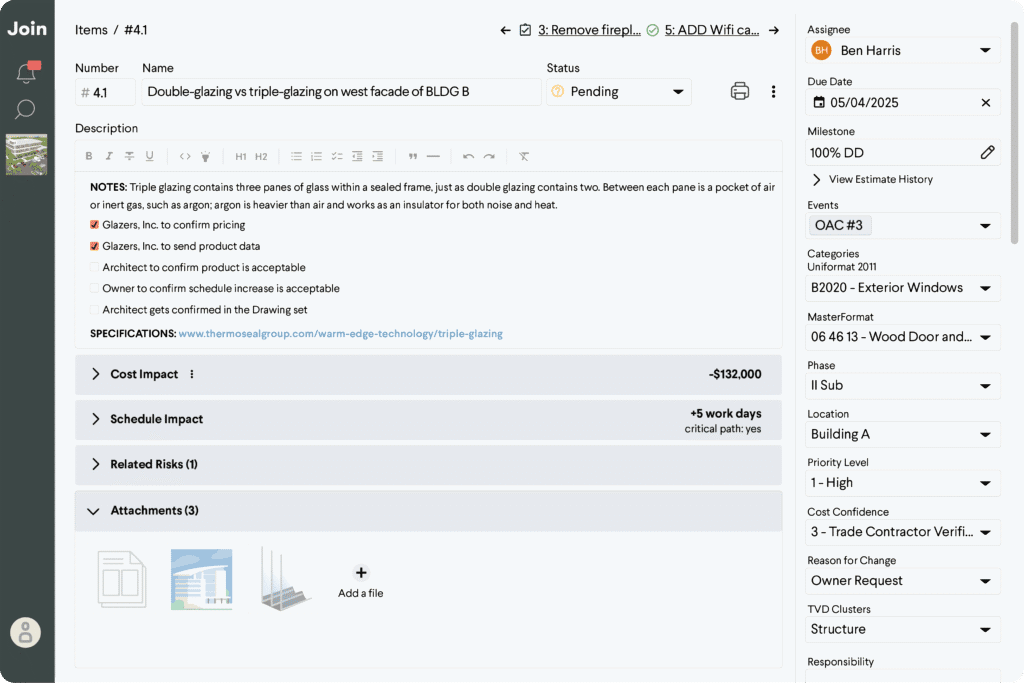Project management software interface showing item details: double vs triple glazing on building facade.