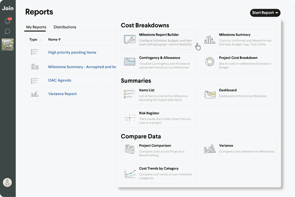Screenshot of a project cost breakdown report interface.