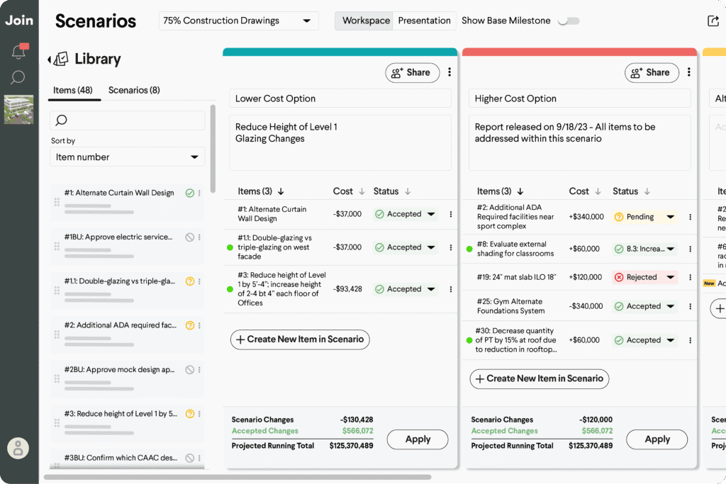 Scenarios screen showing cost options and change approvals for stakeholder engagement.