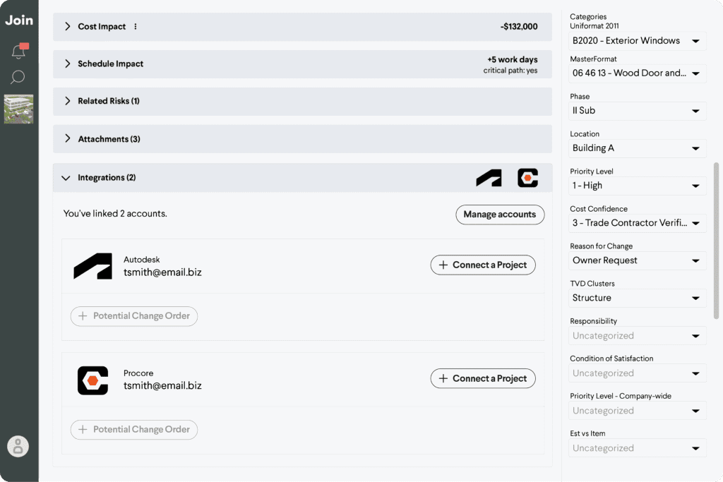Join platform interface showing cost impact, schedule, integrations with Autodesk and Procore, and project details.