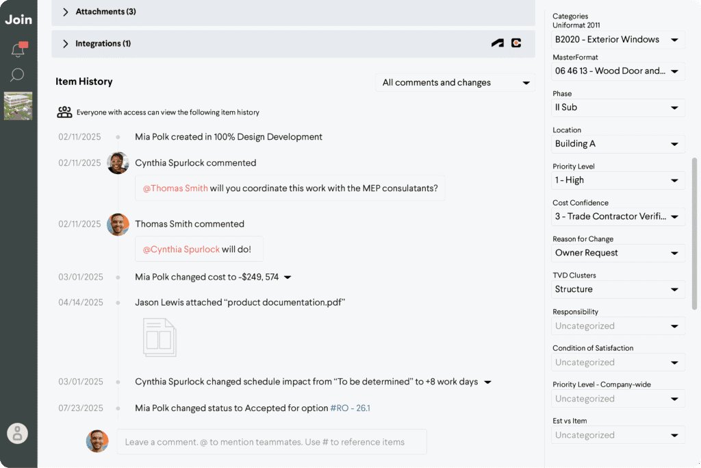 Screenshot of a project management tool showing item history and project details.