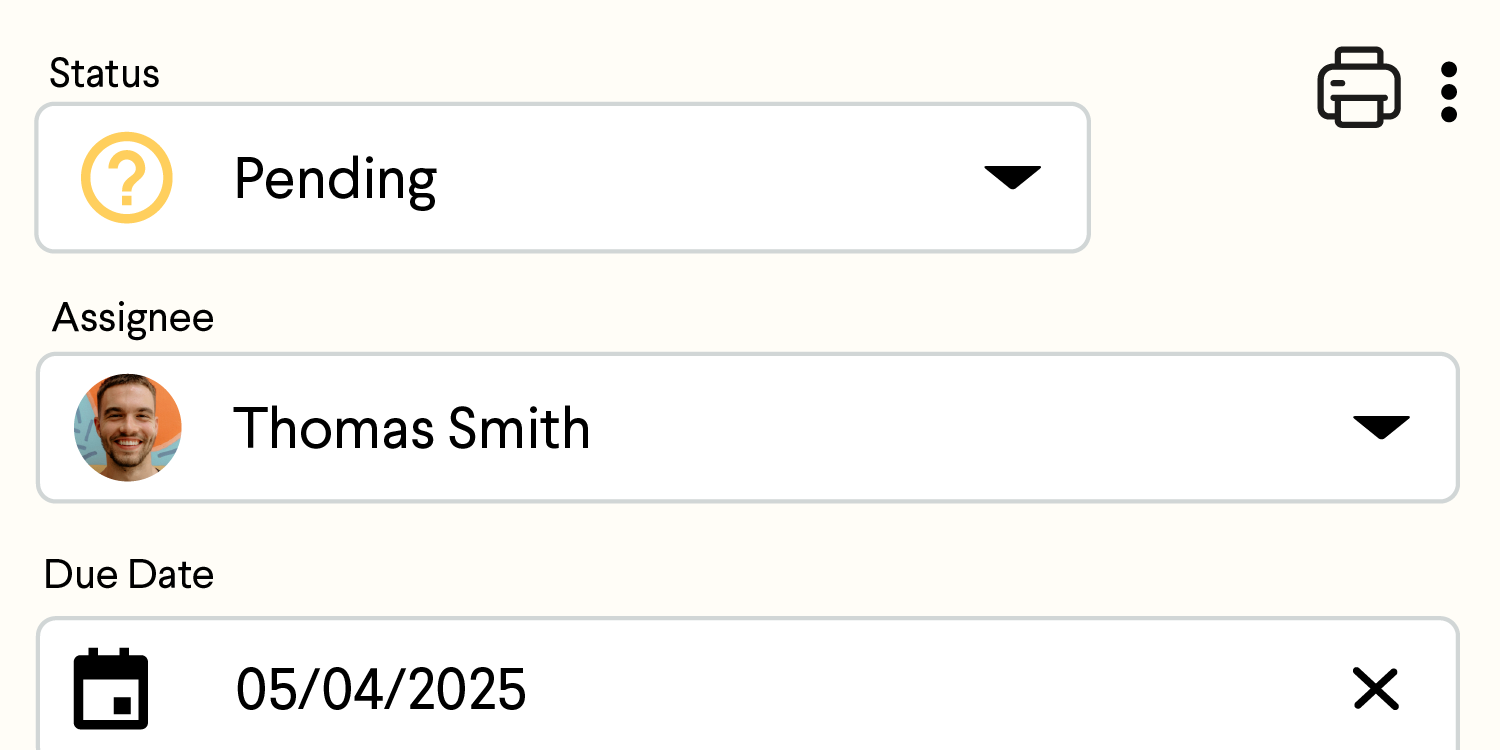 Task status: Pending, assigned to Thomas Smith, due date 05/04/2025.