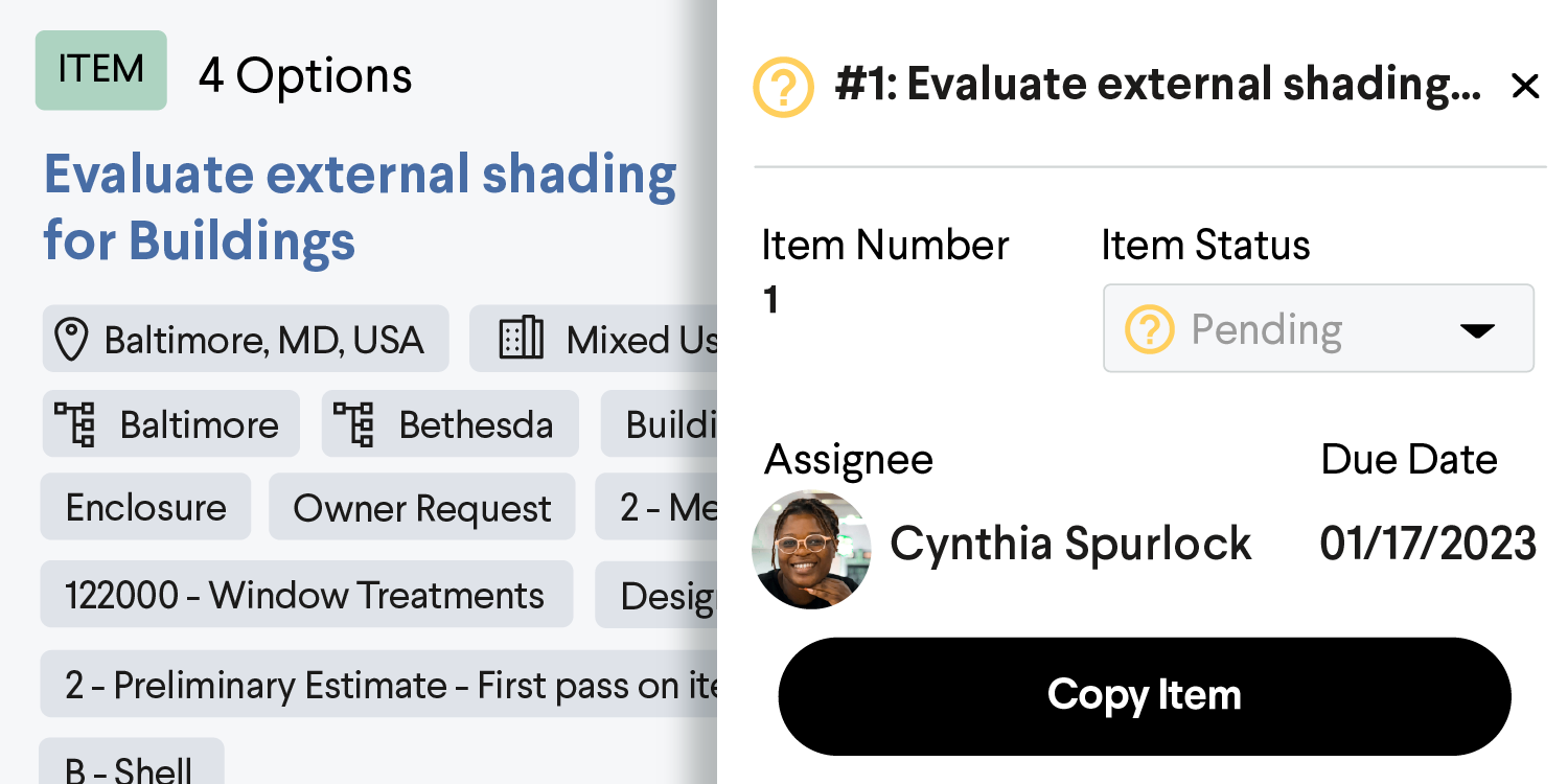 Evaluate external shading for buildings item details: assignee Cynthia Spurlock, due 01/17/2023.
