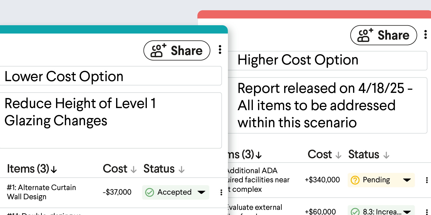 Project options: Lower cost, higher cost, status, and cost items.