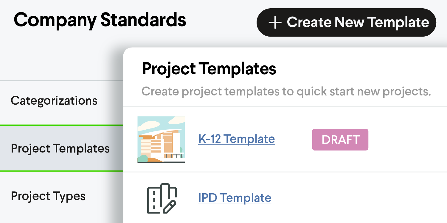 Project templates interface showing K-12 and IPD templates, part of company standards in preconstruction intelligence.
