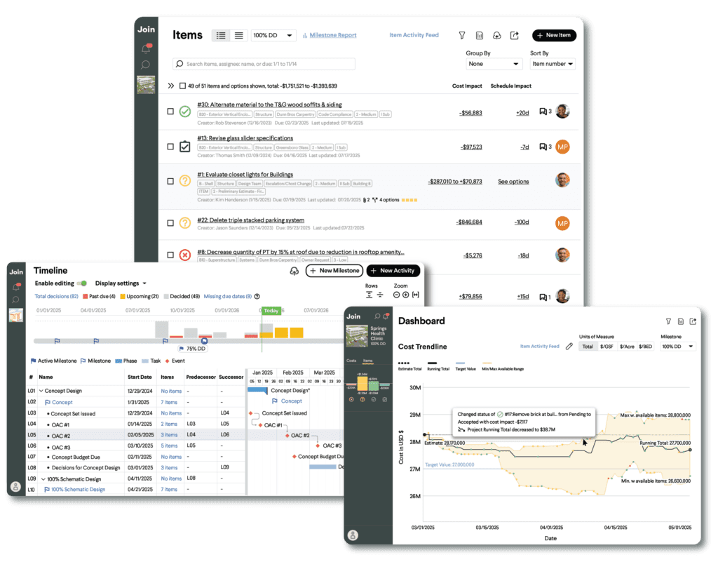 Join preconstruction software showing item lists, timelines, and cost trend dashboards for project management.