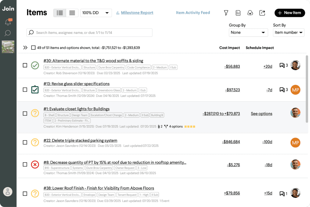 Items list in Join preconstruction software showing cost and schedule impact.