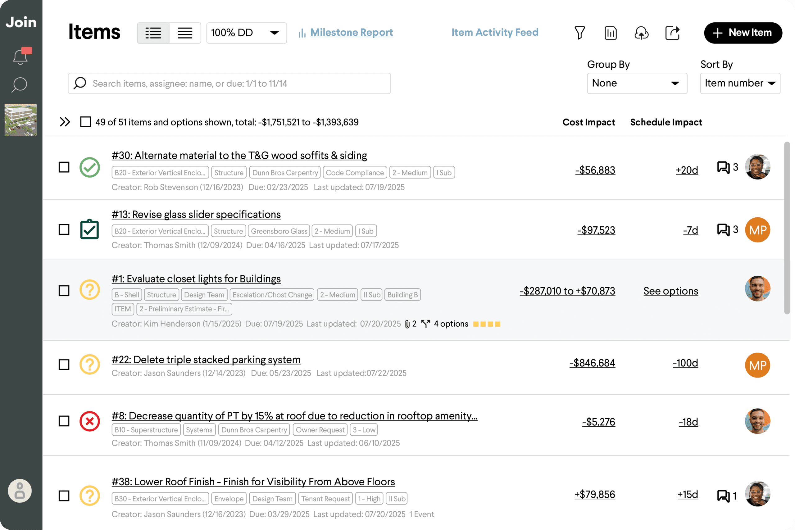 Items list in Join preconstruction software showing cost and schedule impact.