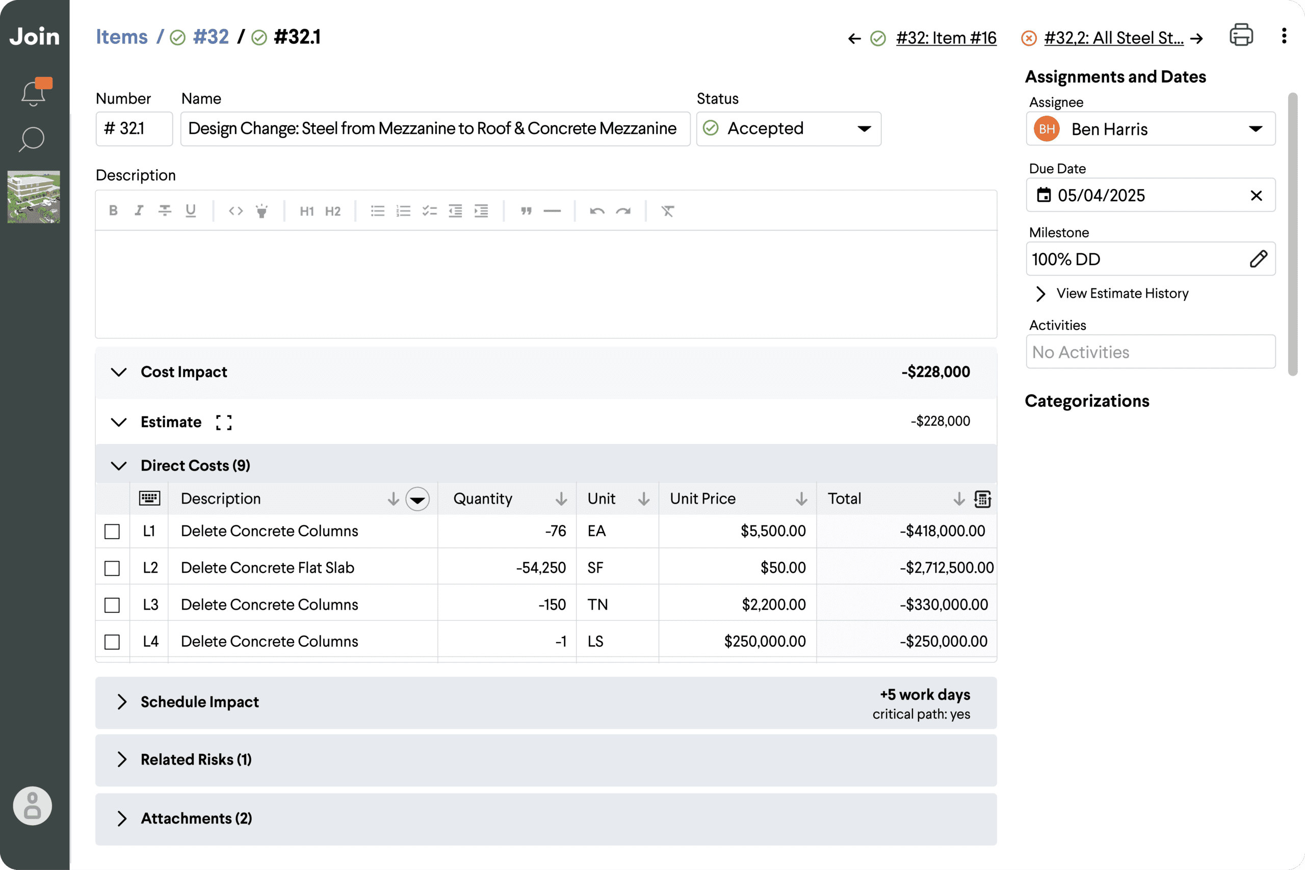 Join platform item #32.1 showing design change details with cost impact, schedule impact, and assignments.