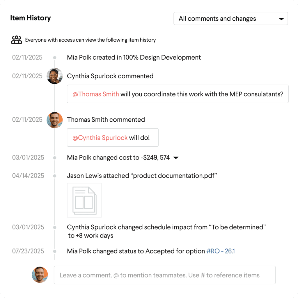 Item history log showing comments, changes, and attachments.